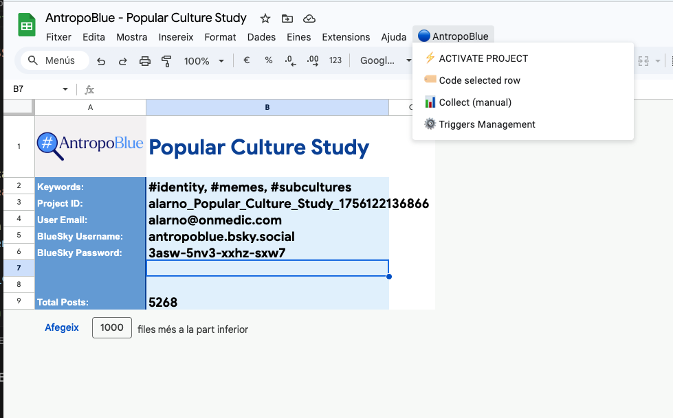 Google Sheet amb el projecte Popular Culture Study activat i dades configurades