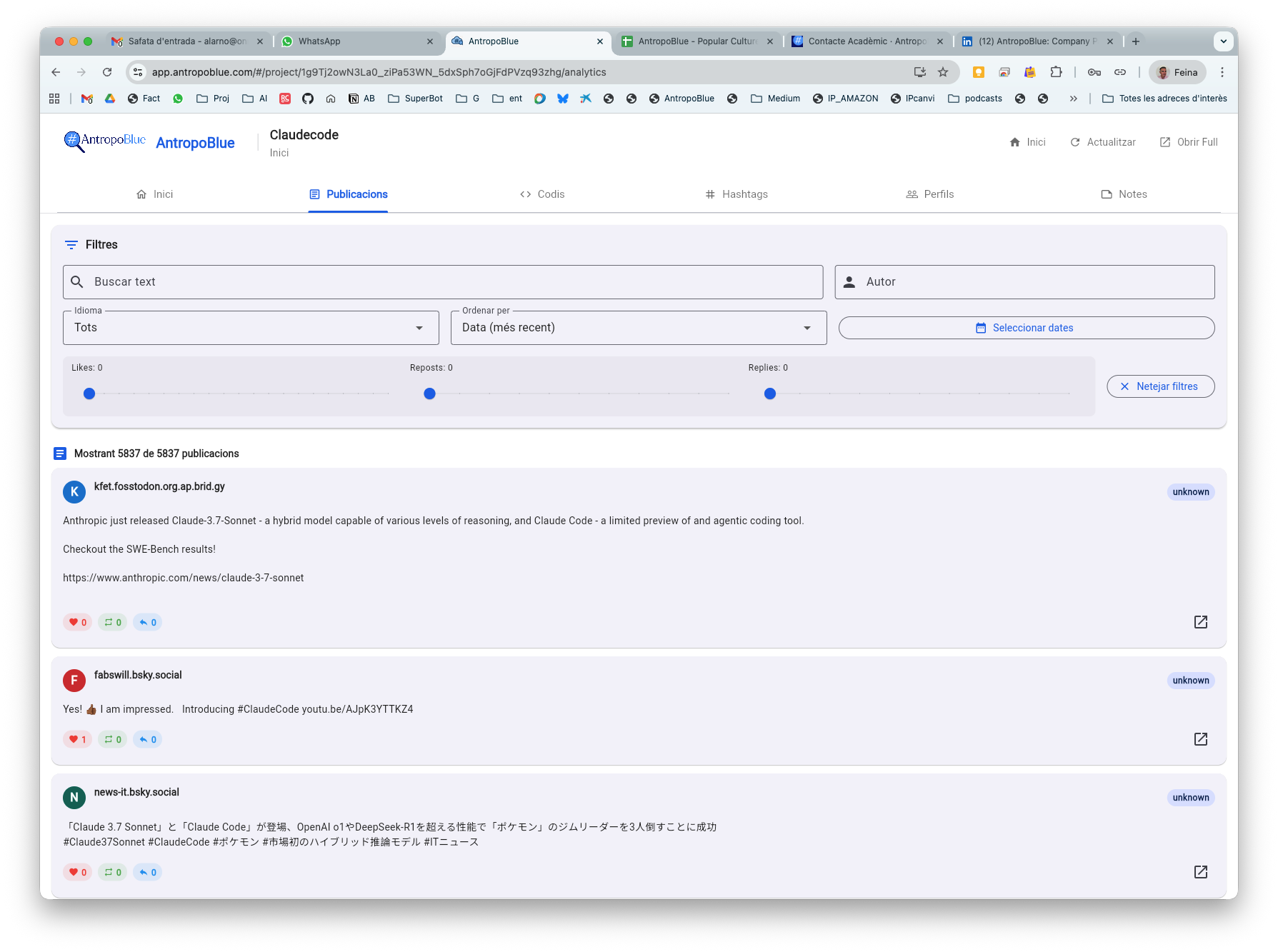 Dashboard d'analytics mostrant publicacions recollides amb filtres i estadístiques
