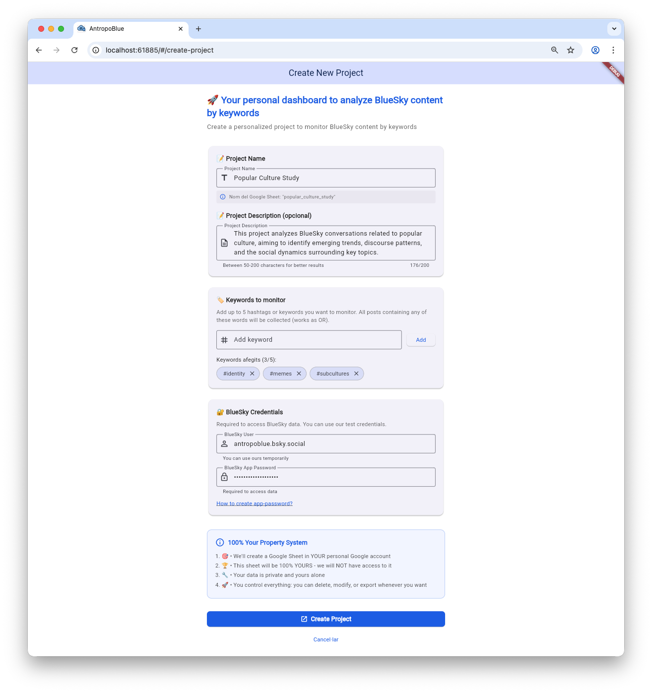 Formulari omplert per crear un projecte amb paraules clau i credencials